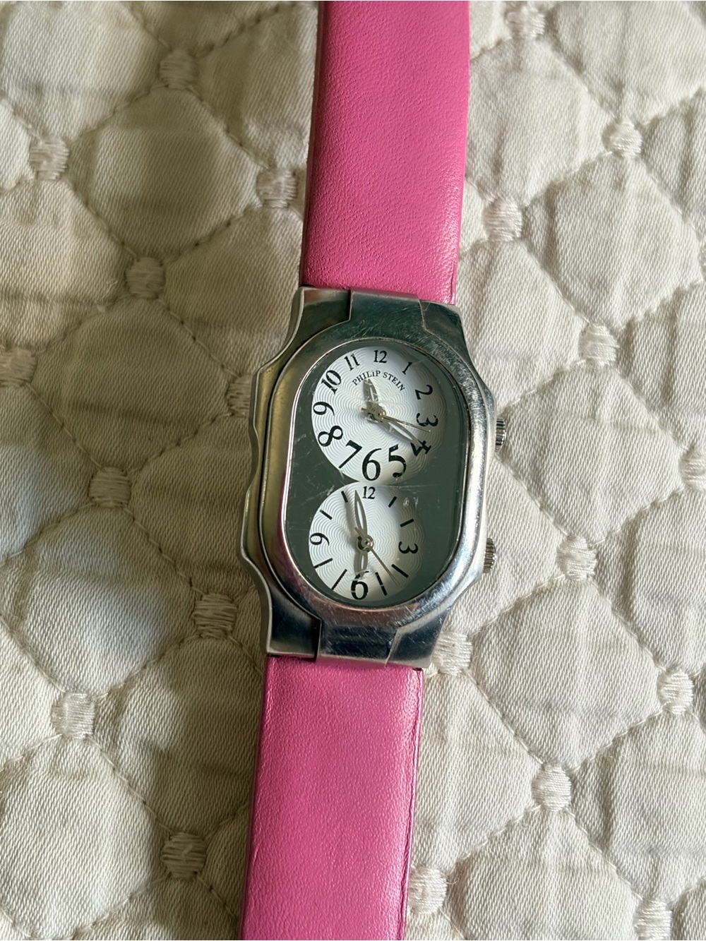 Philip Stein Silver Dual-Dial Watch with Pink Leather Strap